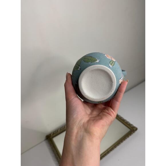 Vintage Glazed Sand Textured Botanical Roses Blue Ceramic Ewer Pitcher Vase - Picture 6 of 9